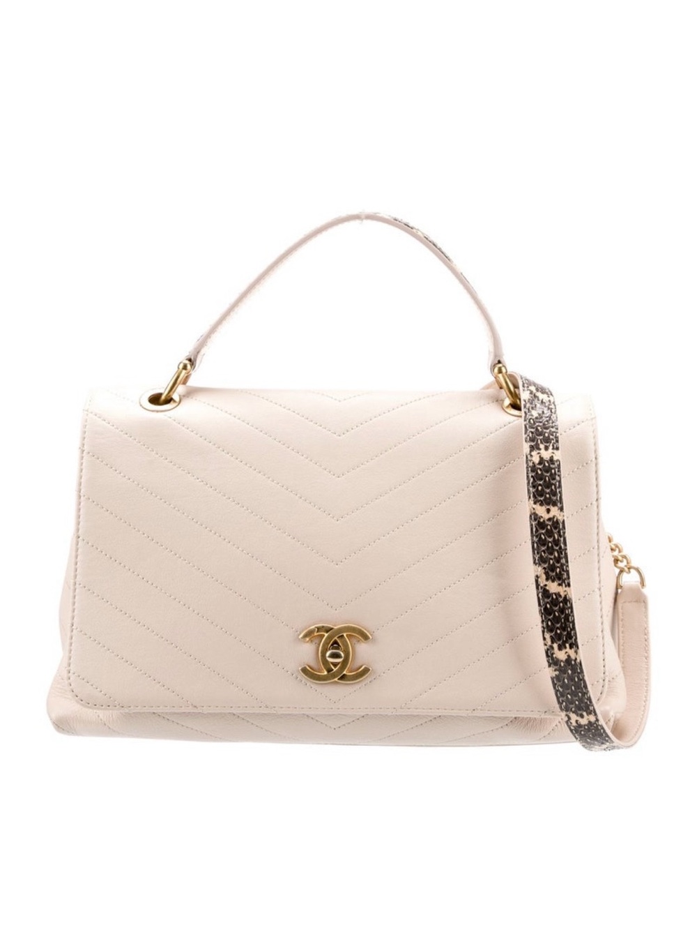 Chanel chevron leather top handle bag.Antique gold and python strap and handle.